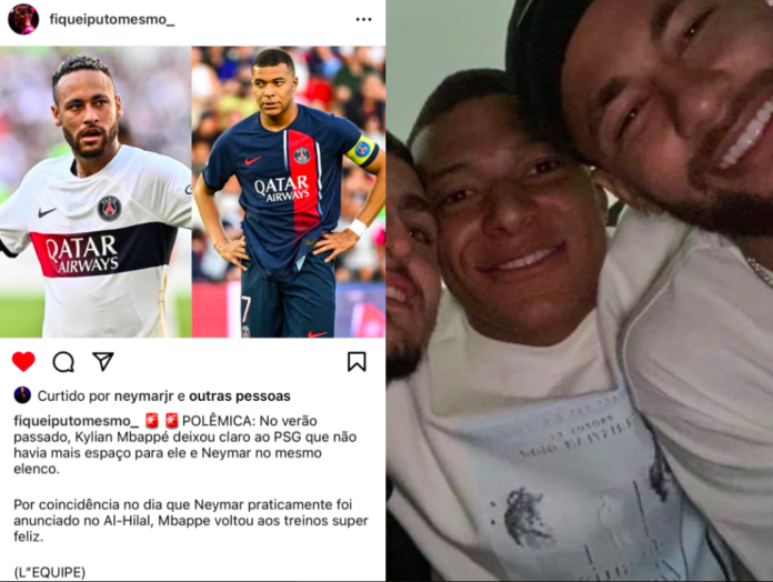 Neymar curte post no Instagram onde se falava que Mbappe não o queria no time. Publicação no IG @fiqueiputomesmo_