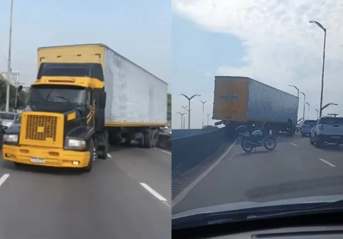 Carreta atravessa viaduto e causa lentidão