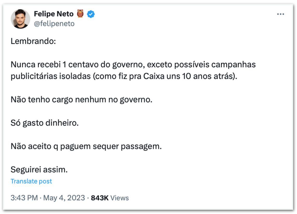 Felipe Neto nega uso de verbas públicas