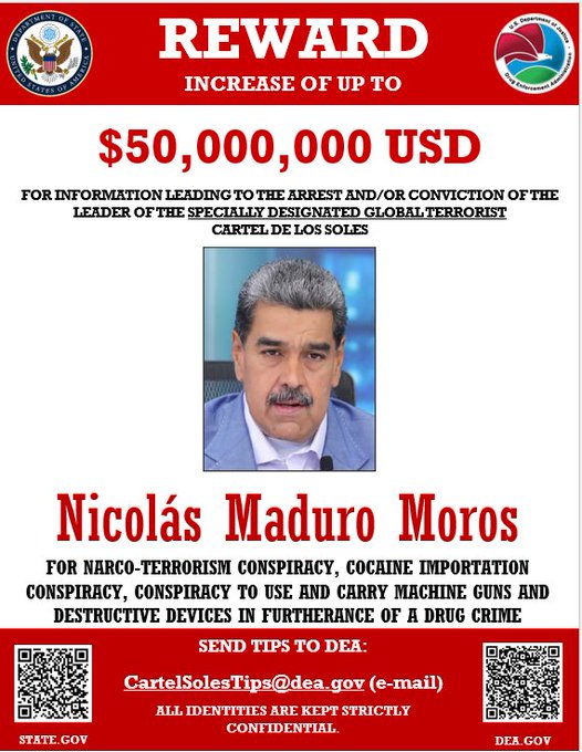 EUA dobram recompensa por Maduro para US$ 50 mi
